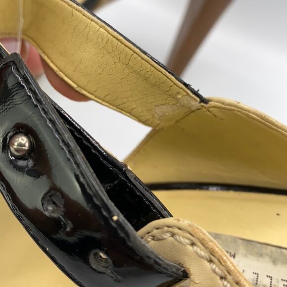 Stella McCartney Black & Tan Woven Platform Sandals 36 Wooden Heel Ankle Straps - Picture 4 of 12